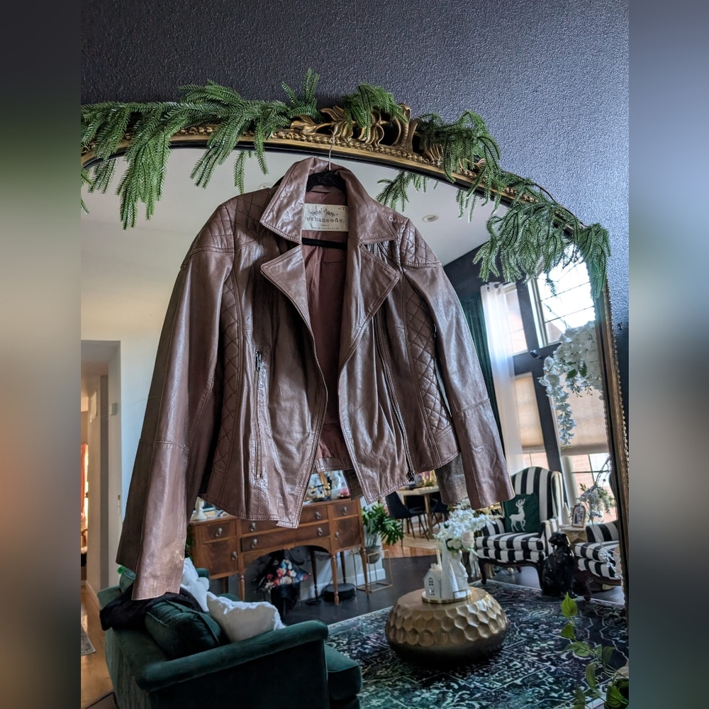 Urban Code genuine Leather Brown Cognac quilted motorcyclesl jacket coat sz US 8
